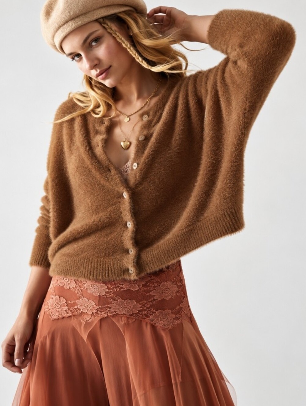 Free People FP ONE Wyatt Cardigan Sweater Soft Fuzzy Button Down Camel Tan Sz S